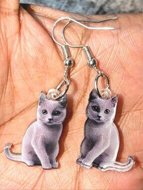 Hand Crafted Silver-Gray Cat Dangle Earrings For Women And Kids